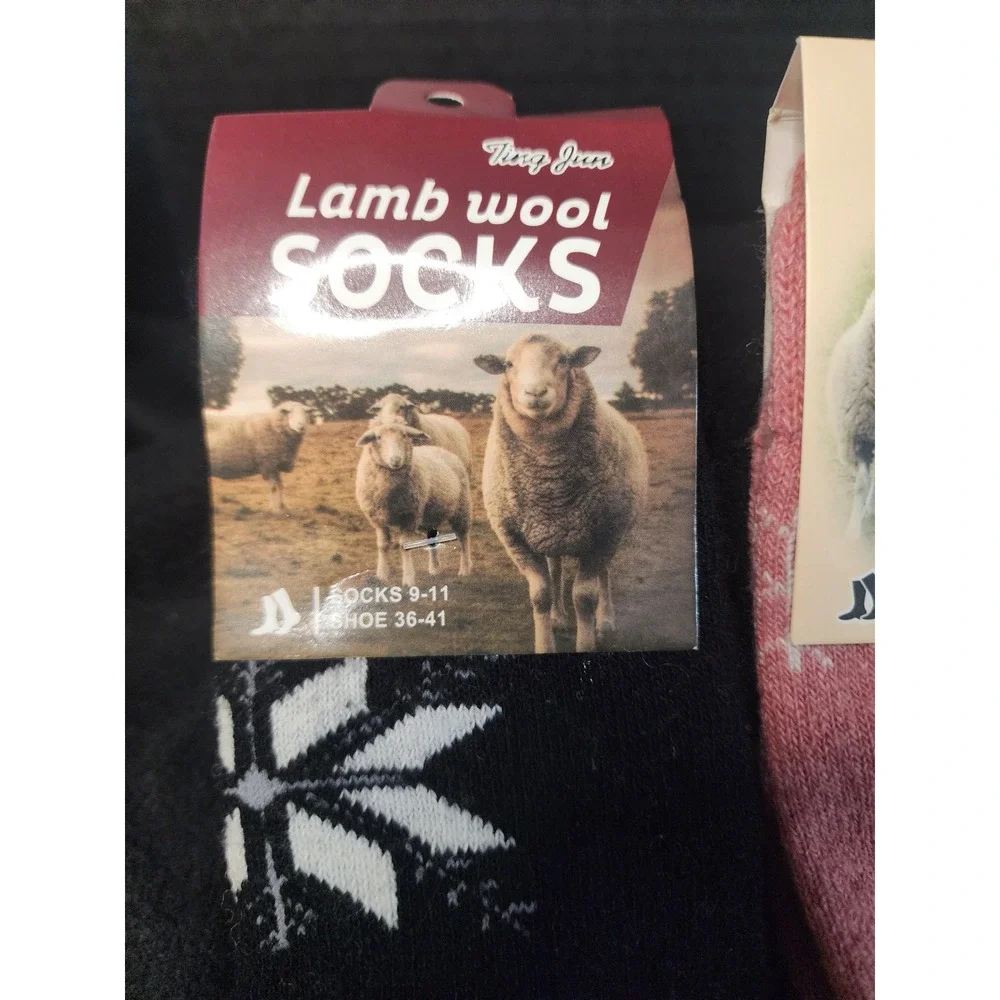 Ting Jun Lamb Wool Socks 3 Pair Set Winter Snowflake Reindeer Black Pink 9-11